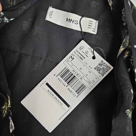 MNG Mango Womens Pleated Floral Blouse Relaxed Necktie Black Cottage Romantic 6 - Picture 13 of 16